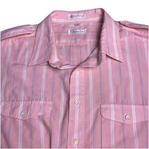 70s Christian Dior Shirt L Mens S/S Button Up Pink Striped Epaulet FLAWS